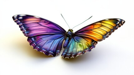A stunning rainbow butterfly with vividly colored wings, from deep purples to bright yellows, gracefully resting on a white background
