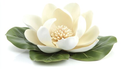 Single white magnolia flower with green leaves on a white background.