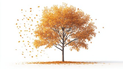 Fototapeta premium A tall maple tree with golden leaves gently falling to the ground, set against a white background, capturing the quiet beauty of autumn