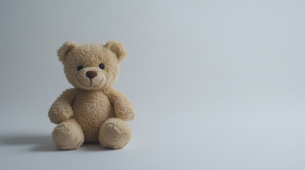 Obraz premium A tiny brown teddy bear, its fur soft and warm, sitting quietly on a clean, white background, bringing back sweet memories of childhood