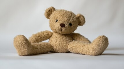 Obraz premium A tiny brown teddy bear with floppy arms and legs, resting on a blank, clean background, bringing warmth and joy to the viewer