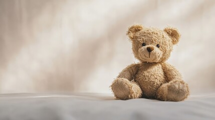 A tiny brown teddy bear with worn, fluffy fur, resting on a clean, bright background, symbolizing love, comfort, and memories