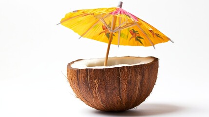 A tropical coconut drink served in a coconut shell, complete with a straw and umbrella, set against a bright white backdrop