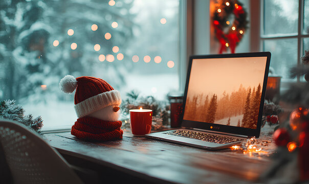 A charming workspace shows a laptop, festive hat, and candle, bringing winter magic and holiday spirit indoors