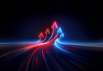 Abstract digital art depicting multiple red and blue neon arrows pointing upwards, curving and flowing, creating an upward trajectory through a dark, futuristic landscape.