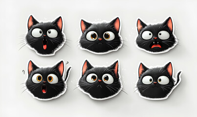Fototapeta premium Six adorable black cats showcase various emotions, from surprise to confusion, in a delightful artistic display