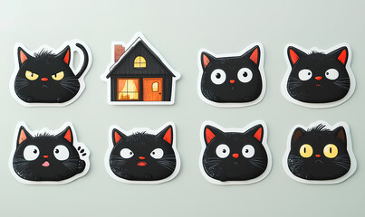Fototapeta premium A delightful assortment of black cat stickers and a quaint cottage, perfect for adding a whimsical touch to any project
