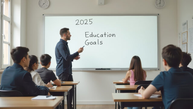A classroom scene featuring a teacher standing in front of a whiteboard displaying '2025 Education Goals', addressing attentive students seated at desks.