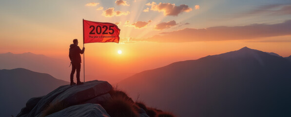 A man stands on a mountain peak holding a flag labeled "2025 " against a dramatic sunset, symbolizing accomplishment, personal growth, and new heights to be reached in the upcoming year