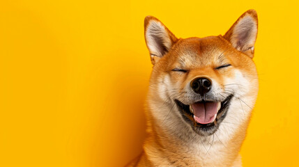 Happy, smiling Shiba Inu dog isolated on a yellow-orange background with copy space�a red-haired Japanese dog smiling portrait