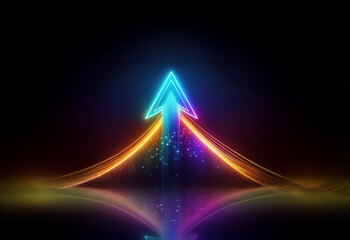 A glowing neon arrow ascends upwards in a vibrant, multi-colored arc on a dark background, symbolizing growth, progress, and success.