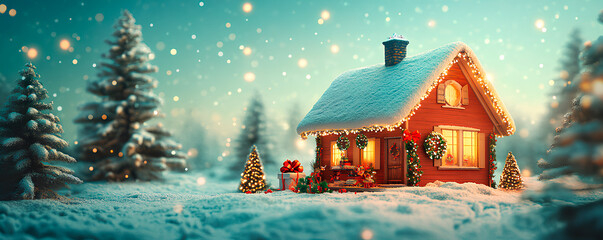 A charming cabin, adorned for the holidays, glimmers amidst falling snow and twinkling lights, creating a festive atmosphere. christmas background