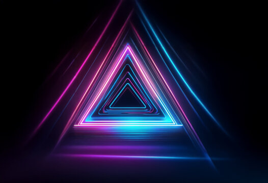 A series of glowing neon triangles create a futuristic tunnel. - Powered by Adobe
