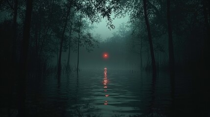 Red light in foggy swamp with water reflection, eerie atmospheric forest, mystical scenery