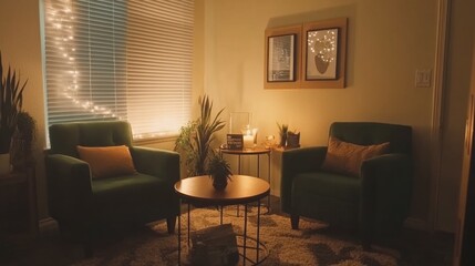 Cozy Indoor Space with Warm Lighting and Plants