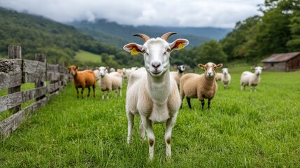 Obraz premium Goats and Sheep Grazing in Serene Farmyard Setting