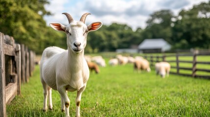 Naklejka premium Tranquil Farmyard Scene with Goats and Sheep Grazing