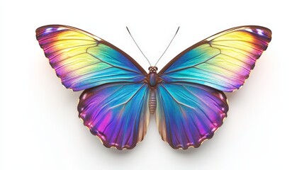 Obraz premium A vibrant rainbow butterfly with wings radiating a spectrum of colors, gracefully floating on a clean white background, highlighting its vivid beauty