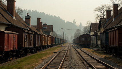 Obraz premium Time Travel Through Trains: An Old Rail Car Setting the Scene in a Quaint Village