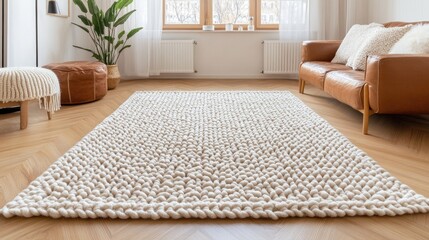 A spacious hand-woven beige macrame carpet lies on the wooden floor beside an armchair and leather stool, enhancing the boho decor
