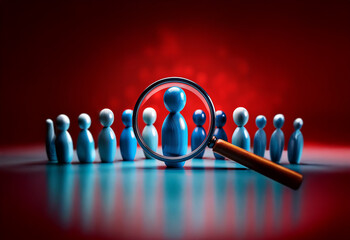 A magnifying glass focuses on a single blue figure, highlighting it among a row of similar figures against a red background.