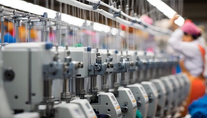 Close-up view of knitting machines in a textile factory showcasing intricate details of the manufacturing process