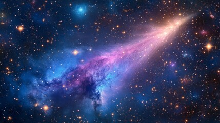 Fototapeta premium Comet passing through a vibrant star-filled galaxy, with bright blue and violet nebula clouds. generative ai