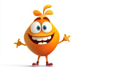 A whimsical cartoon canistel character, smiling and playful, placed on a bright white background for a fun and cheerful vibe