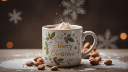 Charming Mug with Merry Christmas Text Surrounded by Winter Elements and Treats