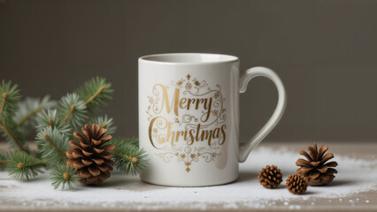 Artistic Mug with Merry Christmas Text Surrounded by Nature's Winter Treasures