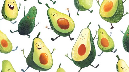 A whimsical drawing of avocados in various poses, set against a bright white background for a charming and fun effect
