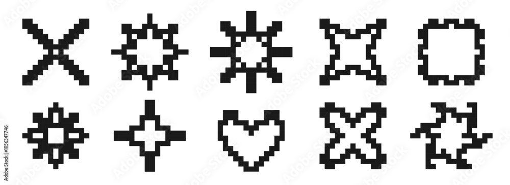 Aufkleber Pixelated stars and flowers element set. Black 8-bit pixel art collection. Retro binary sparkle, shine, burst, glitter geometric form pack. Y2K style pixel icon bundle. Vector illustration