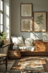 Scandinavian minimalist interior with wooden frames and modern sideboard, natural lighting