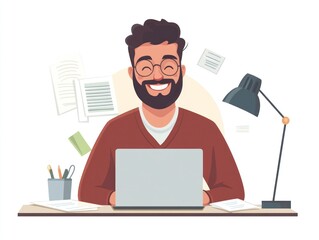 Happy Man Working on Laptop