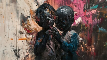 Two Children in a Dark Embrace: A Contemporary Oil Painting