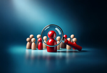 A red figure stands out amongst a group of white figures, highlighted by a magnifying glass.