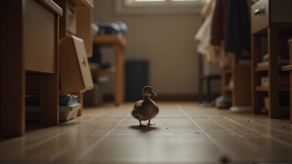 A Surreal Moment of a Lone Duck Navigating a Cluttered Room, Capturing Tranquility Amidst the Chaos and Juxtaposition