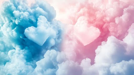 A whimsical scene of heart-shaped clouds in shades of blue and light pink, set against a bright white background, perfect for celebrating love and happiness