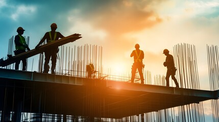 Low angle view of construction workers carrying boards at construction site. 