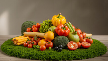 Nature's Bounty: A Room Filled with Fresh Produce Artistically Piled on a Lush Green Shore