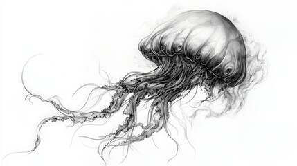 Adorable drawing of a jellyfish, featuring a charming smile and elegant, trailing tentacles on a white backdrop