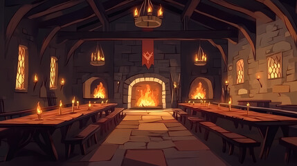 Obraz premium A medieval banquet hall illuminated by flickering flames, exuding a warm, inviting atmosphere perfect for fantasy-themed designs, gaming, or storytelling projects. Medieval Banquet Hall. Illustration
