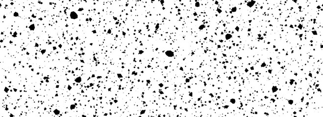 Black and white dotted seamless pattern. Grunge dripped sprinkles, particles, dust or splashes wallpaper. Distress noise grain repeating background. Random mottled gritty overlay texture. Vector