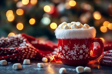 Cozy Santa-Shaped Mug of Hot Coffee with Marshmallows, Blurred Christmas Tree and Festive Decor