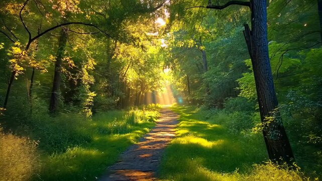 A path through a forest is bathed in the golden light of the setting sun