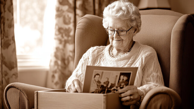 elderly woman with silver hair sits in cozy armchair, looking at old photographs with nostalgic smile. warm atmosphere evokes memories of past