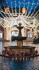 Obraz premium Festive stone fountain illuminated by warm bokeh Christmas string lights draped across a charming European city plaza at night.