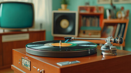 close up shot of vintage turntable with vinyl record playing, evoking nostalgia and warmth in retro living room setting