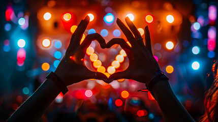 Heart-shaped hands at a concert, loving the artist and the festival�music concert with lights and...