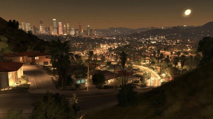 Nighttime Cityscape with Moon Over Skyline